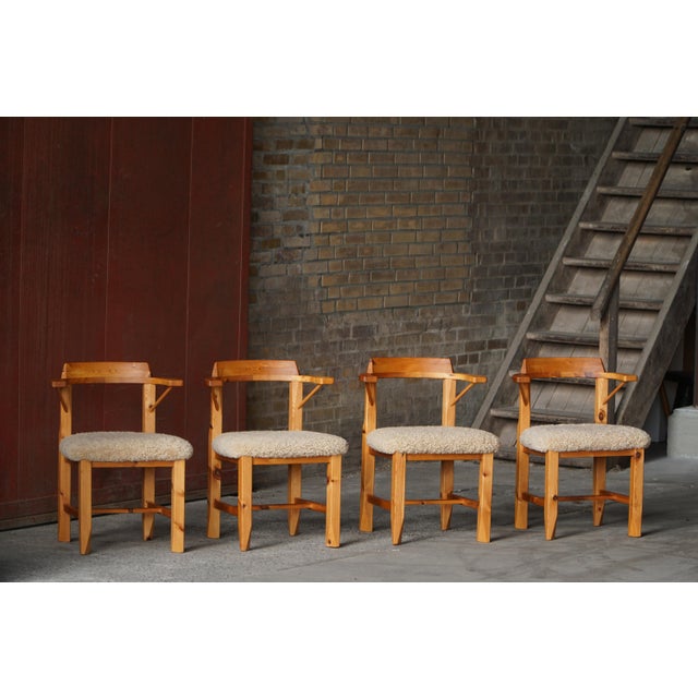 Danish Pine Dining Chairs in Lambswool, 1970s, Set of 4 For Sale - Image 3 of 18