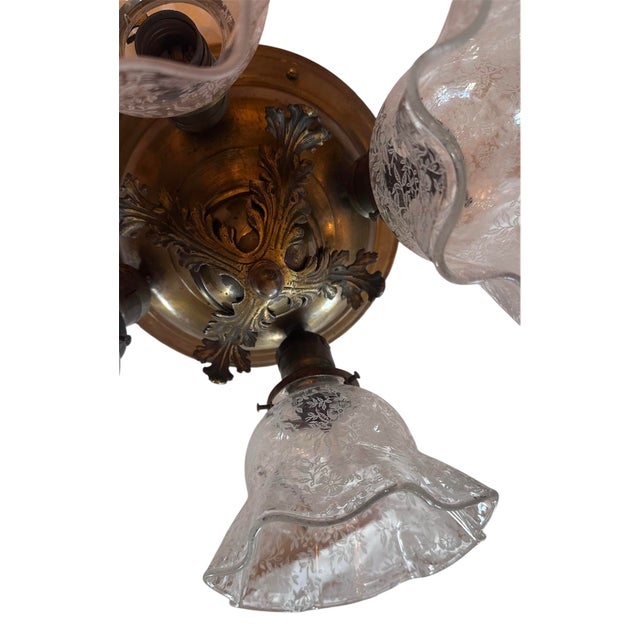 Victorian Acid Etched 4 Light Fixture With Large Acanthus Leaf Center, Circa 1910 For Sale - Image 4 of 6