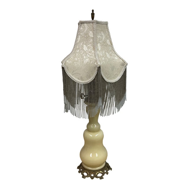 Vintage Porcelain Table Lamp With Victorian Beaded Fringe Lamp Shade For Sale