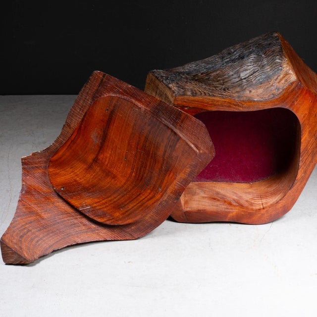 ABOUT A mid-century redwood burl box with lid and lined with original red velvet. CREATOR Unknown. DATE OF MANUFACTURE...