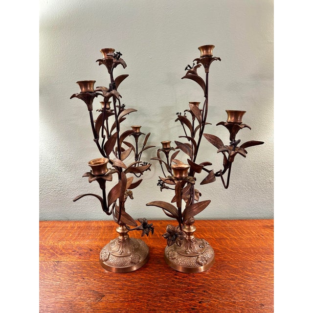 Metal Vintage Italian or French Style Solid Brass Five-Light Floral Tole Candelabra With Original Gilt Finish For Sale - Image 7 of 14