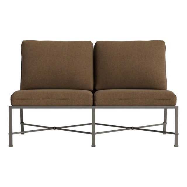 Brown Jordan Venetian Armless Loveseat, Mica frame with Fusion Moccasian fabric For Sale