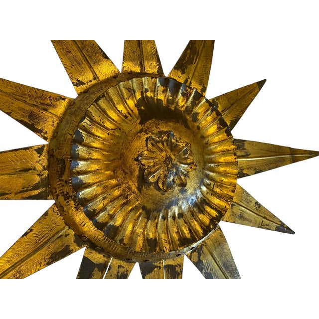 Oliver Messel, 1960s Vintage Gilt Metal Flush Mount Sunburst Light With Matching Ceiling Rose For Sale - Image 4 of 8