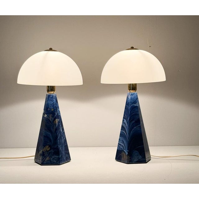 Blue Vintage Prisma Table Lamps with Marble Shades, Italy, 2000s, Set of 2 For Sale - Image 8 of 18