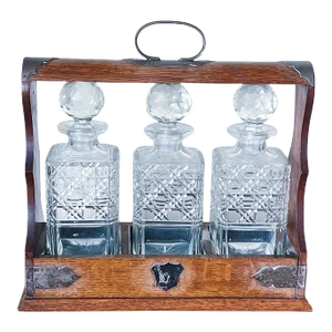 Antique Oak & Brass Tantalus With Set of 3 Whiskey or Liqueur Crystal Decanters With Key