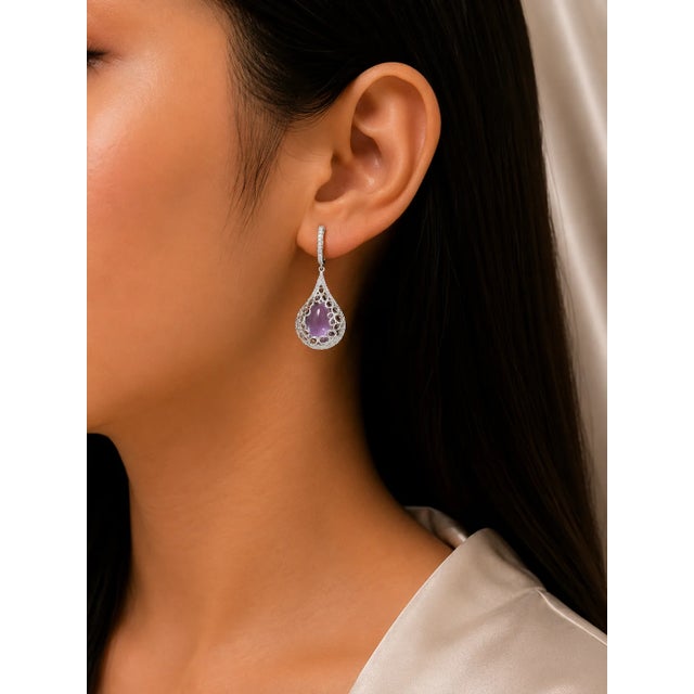 Art Deco Late 20th Century Pair of 14K White Gold Diamond Cabochon Amethyst Hanging Earrings For Sale - Image 3 of 3