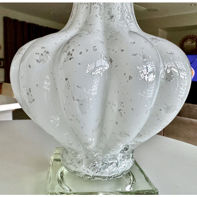 Pair Murano White and Silver Inclusions Glass Table Lamps For Sale - Image 9 of 16