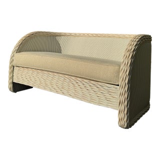 Wicker Loveseat With Red, White & Blue Stripe Upholstery For Sale