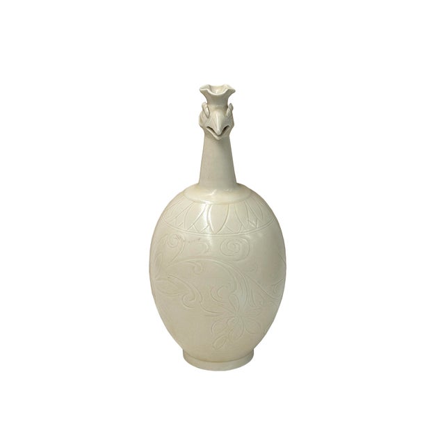 Ceramic Vintage Off White Bird Head Mouth Ceramic Art Vase For Sale - Image 7 of 9