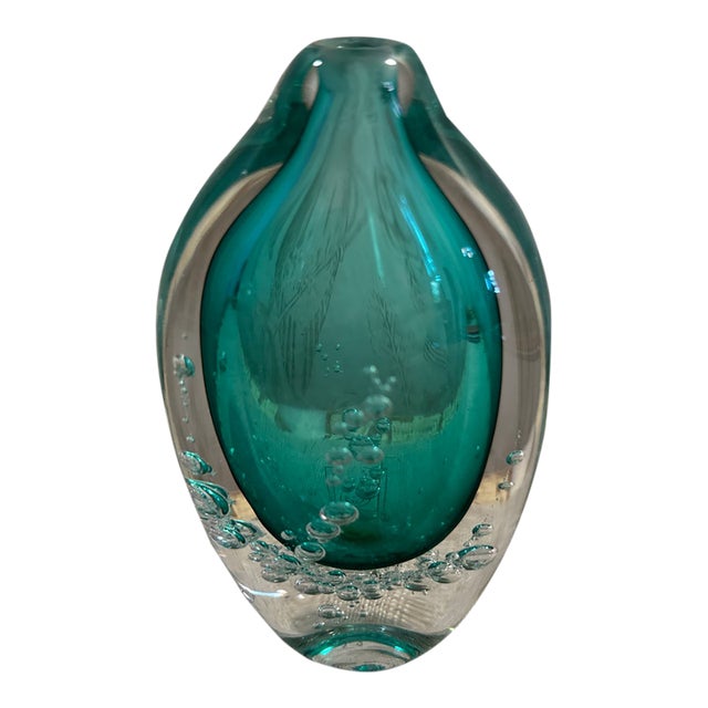 Buzz Blodgett Signed Aqua and Clear Art Glass Controlled Bubble Bud Vase 1989 For Sale