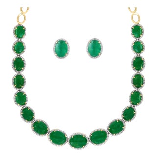 110 Ct Oval Natural Cabochon Emerald & Diamond Necklace, Earring Suite 14 K Gold For Sale