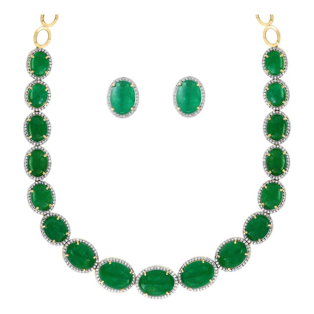 110 Ct Oval Natural Cabochon Emerald & Diamond Necklace, Earring Suite 14 K Gold For Sale