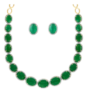 110 Ct Oval Natural Cabochon Emerald & Diamond Necklace, Earring Suite 14 K Gold