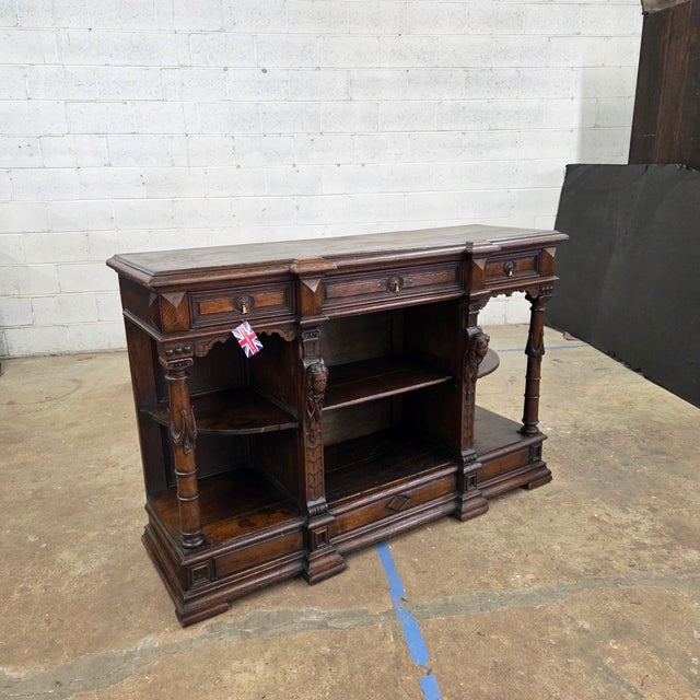 Early 20th Century Oak Antique Jacobean Style Walnut Buffet With Ornate Carved Legs, Drawers, & Open Shelving For Sale - Image 5 of 18
