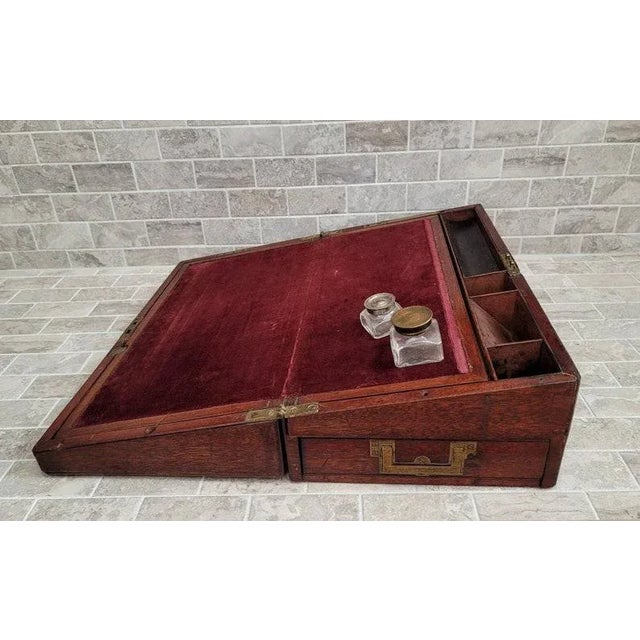 19th Century 19th C. English Mahogany Campaign Style Portable Lap Desk Writing Box For Sale - Image 5 of 11
