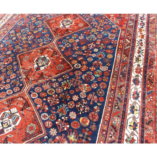 Early 20th Century Early 20th Century Antique Persian Shiraz Rug With Tri-Medallion Geometrics in Royal Blue and Red For Sale - Image 5 of 13
