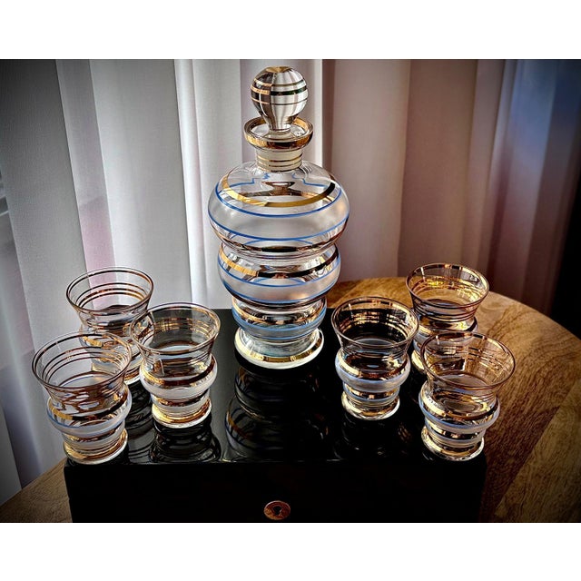Blue Frosted and Gilt Glass Decanter Set, 1960s, Set of 7 For Sale - Image 8 of 18