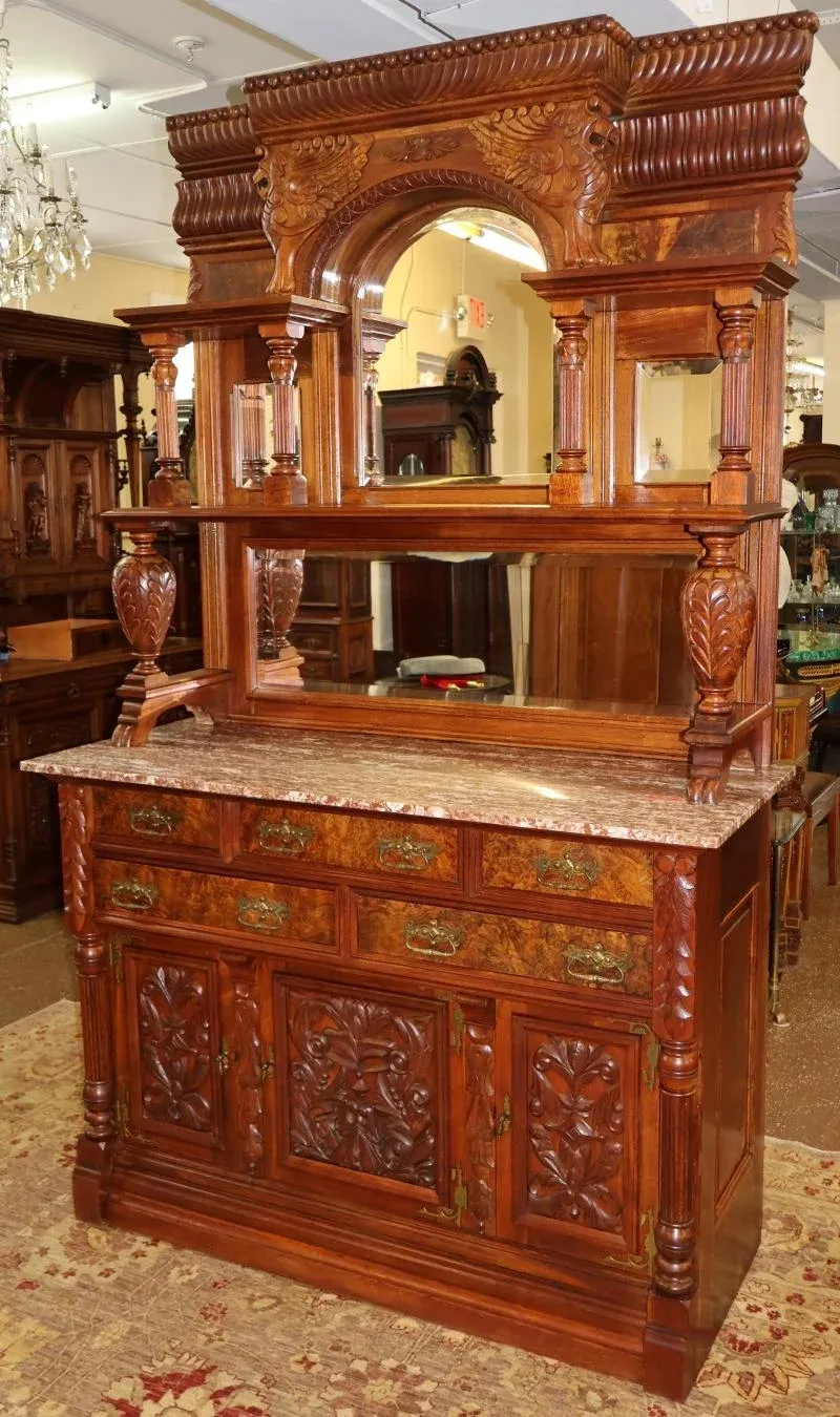 19th Century Griffin Eastlake Burl Walnut Marble Top Buffet