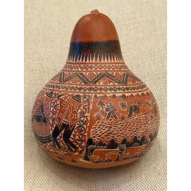 Sienna Large Vintage Peruvian Mate Burilado Hand-Carved Storytelling Gourd Rattles – Pair For Sale - Image 8 of 12
