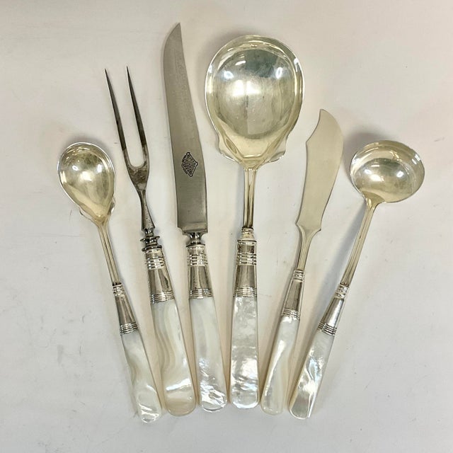 1920s Antique English Hollywood Regency Mother of Pearl Sterling Silver Serving Utensils - Set of 6 For Sale - Image 4 of 10