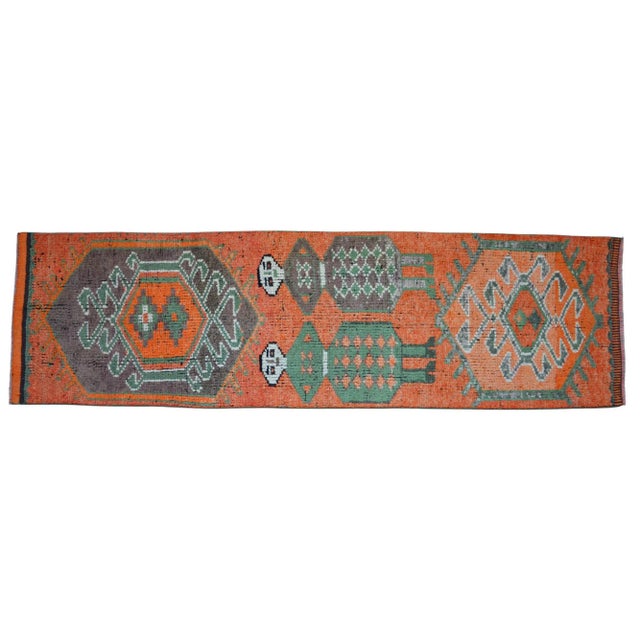 1970s Mythological Runner Rug Hand-Knotted 2'9"x9'6" Vibrant Orange Turkish Rug Kitchen Runner Extraterrestrial Motif For Sale - Image 5 of 14
