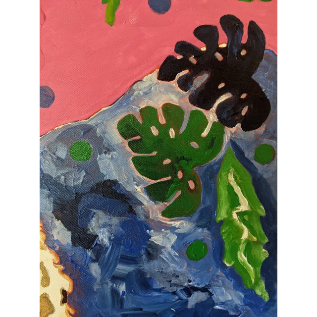 Pink Contemporary Expressionist Whimsical Abstract Acrylic Painting of a Big Cat on Canvas For Sale - Image 8 of 12