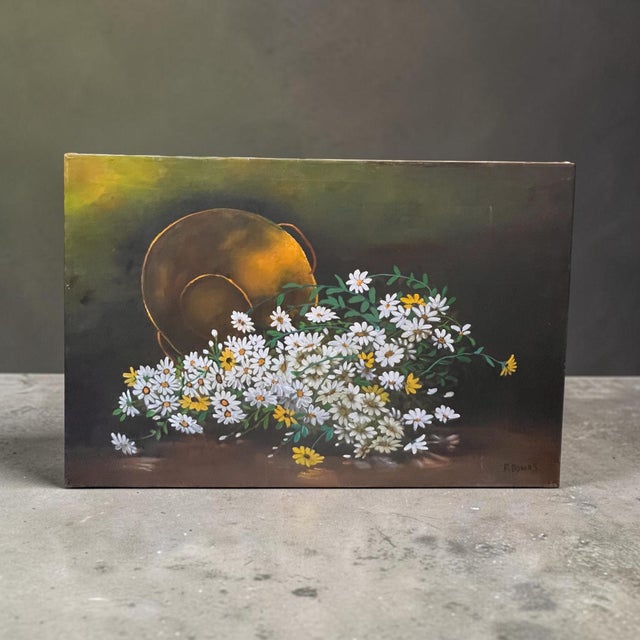 Coastal 1980s Francis “Duke” Downs Palm Beach Still Life of Spilled Daisies & Overturned Pot, Original Oil, 36” For Sale - Image 3 of 7