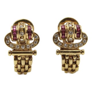 Vintage 18k Gold Diamond and Ruby Buckle Huggie Earrings, A Pair For Sale