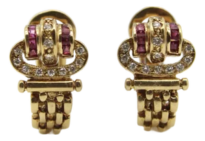 Vintage 18k Gold Diamond and Ruby Buckle Huggie Earrings, A Pair