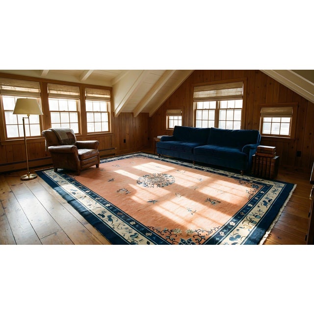 1880s Orange Salmon Medallion Antique Chinese Peking Carpet 11' X 15'6'' Handknotted Wool Rug For Sale - Image 10 of 10
