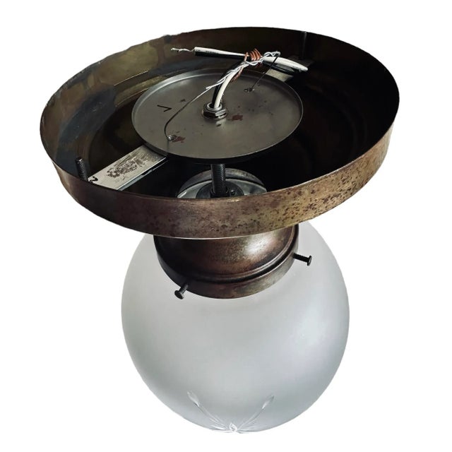 Frosted Cut Star With Cattail Pattern Flushmount Fixture in Old Brass Original Patina Holder, Circa 1910 For Sale In Los Angeles - Image 6 of 7