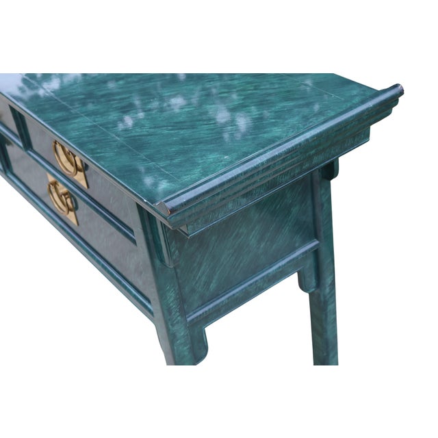 Chinoiserie Vintage Century Furniture Faux-Malachite Green Pagoda Console Sideboard With Brass Hardware, Attributed For Sale - Image 3 of 18