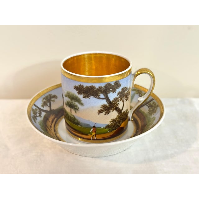 Antique Old Paris Porcelain Coffee Cup & Deep Saucer, Hand-Painted Landscape, Circa 1810 For Sale - Image 4 of 13
