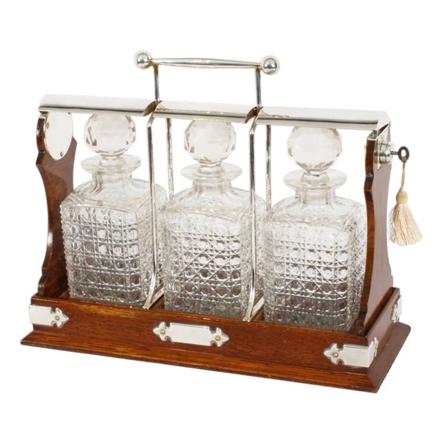 Antique Victorian Silver Plated Three Bottle Tantalus by Hobbs & Co, 1800s, Set of 4 For Sale