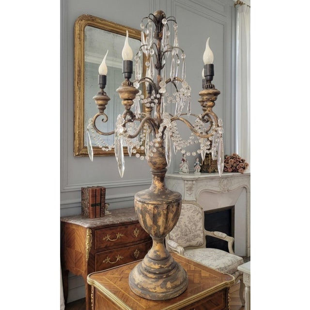 French Country Vintage French Country Gilt Candelabra Urn 5 Light Table Lamp With Crystal Prisms For Sale - Image 3 of 12