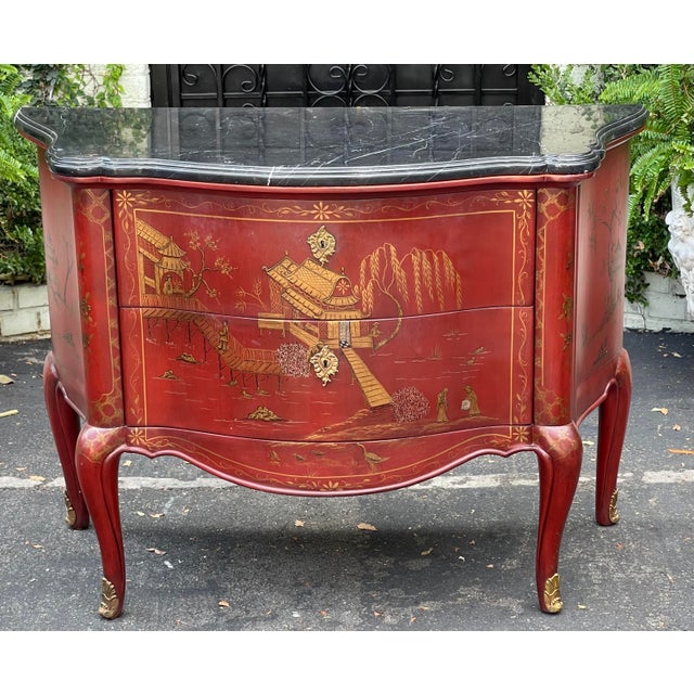 E. J. Victor 19th C Style Red Chinoiserie & Black Marble Commode - Newport Historic Mansion Collection For Sale - Image 4 of 7