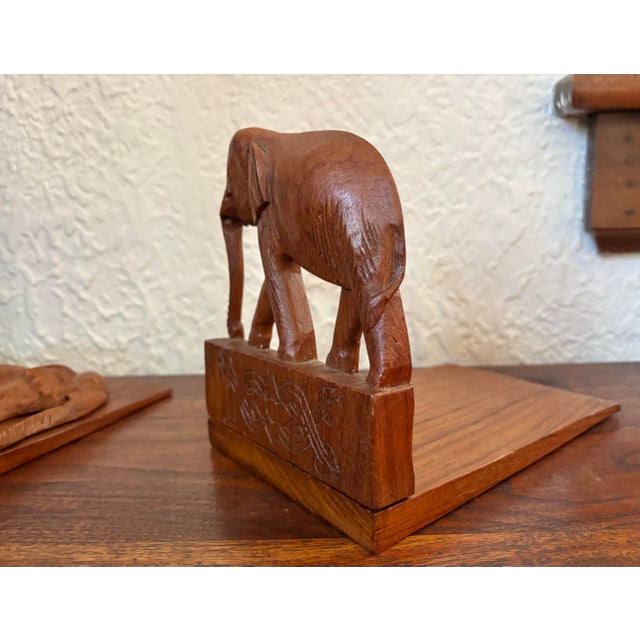 1980s Vintage Wooden Carved Elephant Bookend Pair For Sale - Image 5 of 8