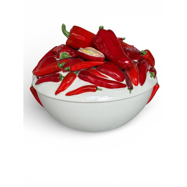 Hollywood Regency Vintage Italian Painted Ceramic Red Chili Pepper Sculptural Bowl by Este Ceramiche C. E. Lidded Serving Tureen, 11.5" For Sale - Image 3 of 12