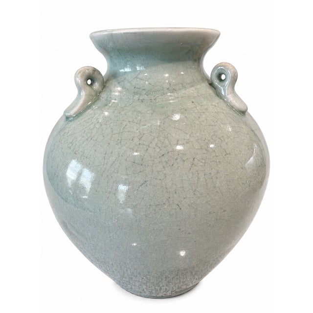 Ceramic Vintage 1970's Celadon Crackle Glaze Double-Handle Vase For Sale - Image 7 of 7