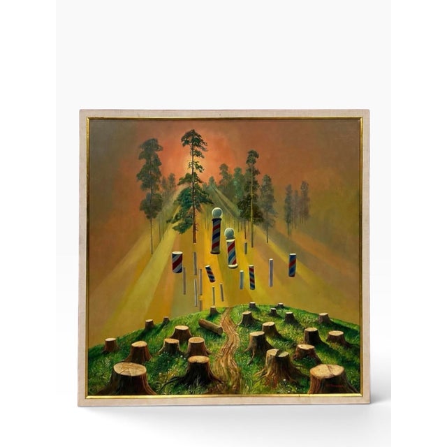Original oil on canvas by Curt Frankenstein (1920–2009), presenting a distinctly surrealist woodland landscape punctuated...