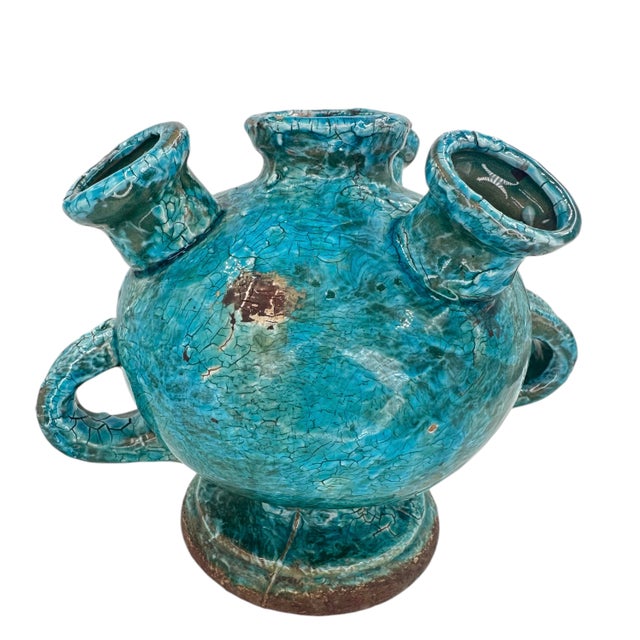 Mid-Century Modern 1950s Turquoise Cerulean Brutalist Vase For Sale - Image 3 of 12