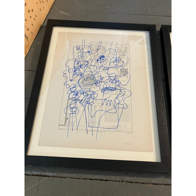 Abstract Contemporary 3 Original Wayne Cunningham Abstract Blue Ink Drawings Black Frames-Set of 3 For Sale - Image 3 of 6
