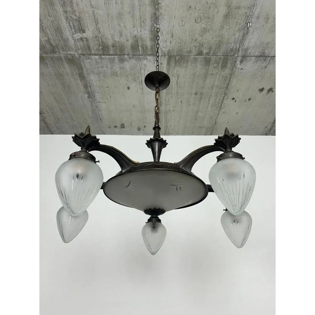 Vintage Cubist Bronze Chandelier, 1930s For Sale - Image 3 of 11