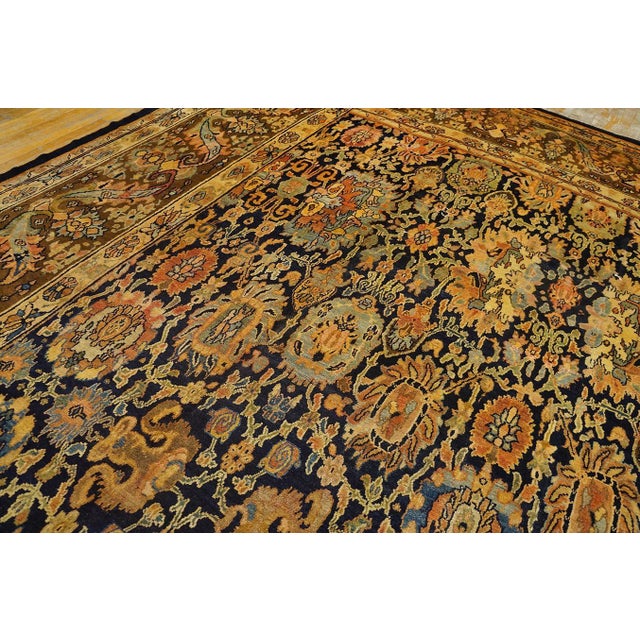 1880s Blue Navy Floral Traditional Antique Persian Bibikabad Rug 12'4'' X 14'2'' Hand Knotted Wool Carpet For Sale - Image 11 of 18