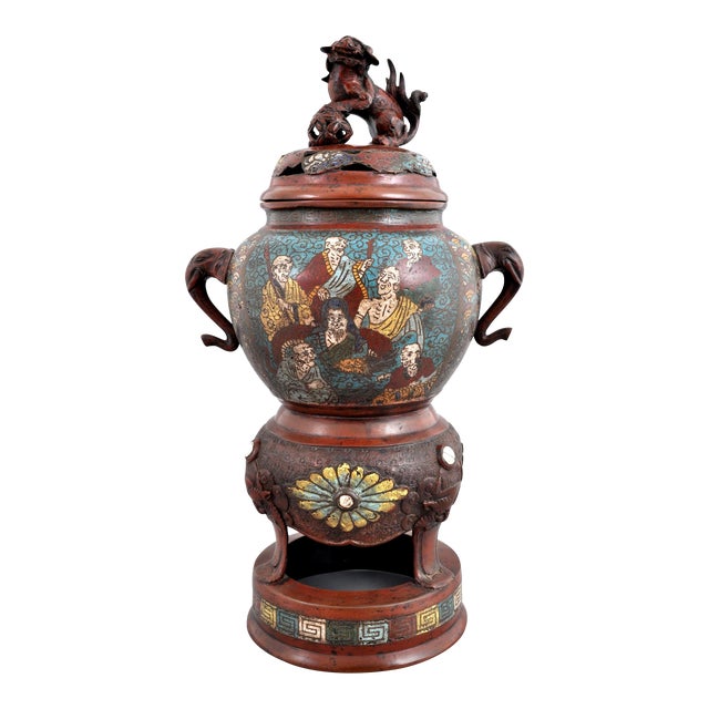 Antique Chinese Qing Dynasty Archaic Style Bronze Enamel Champlevé Censer 1900 For Sale