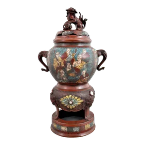 Antique Chinese Qing Dynasty Archaic Style Bronze Enamel Champlevé Censer 1900