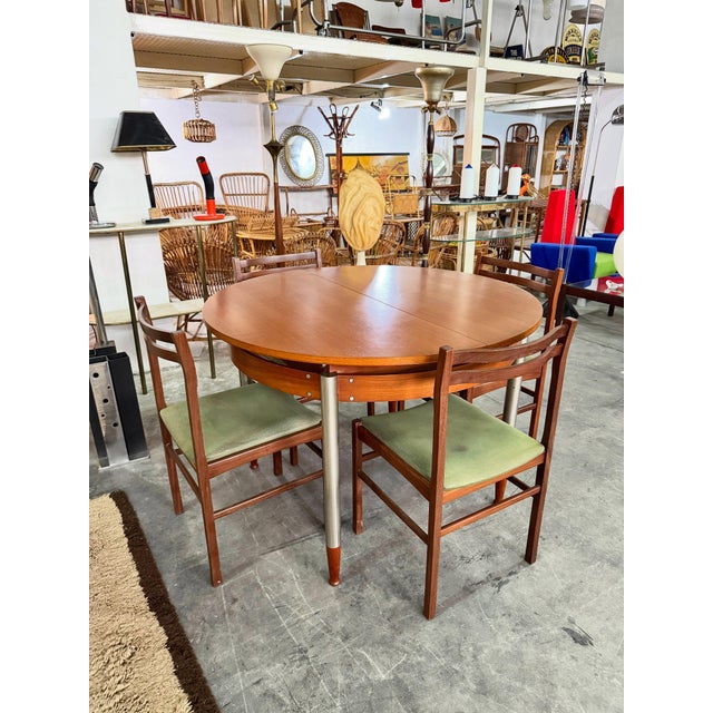 Wood Extendable Round Table with Teak Top and Feet and Satin-Finish Metal Legs, 1960s For Sale - Image 7 of 8