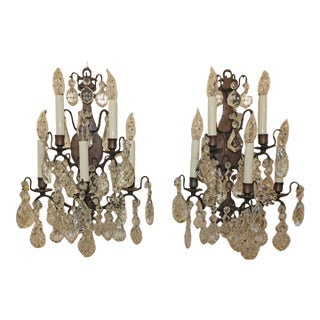 French Louis XVI Style Bronze and Crystal 5 Light Sconces Circa 1950's For Sale