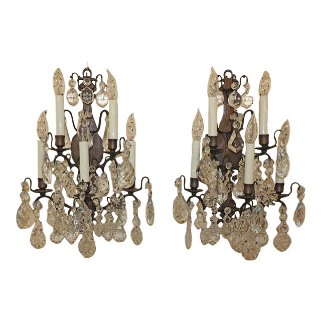 French Louis XVI Style Bronze and Crystal 5 Light Sconces Circa 1950's For Sale