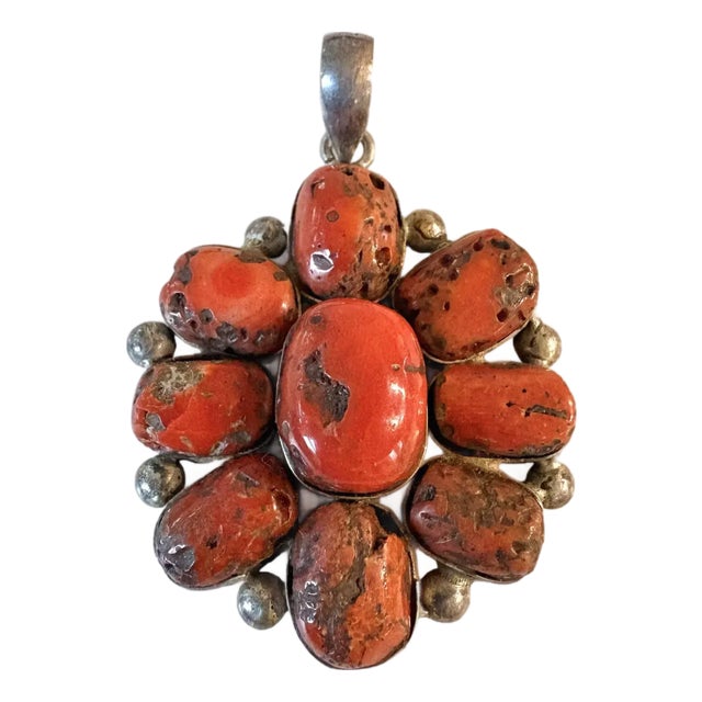 Large Vintage Coral and Sterling Silver Pendant For Sale